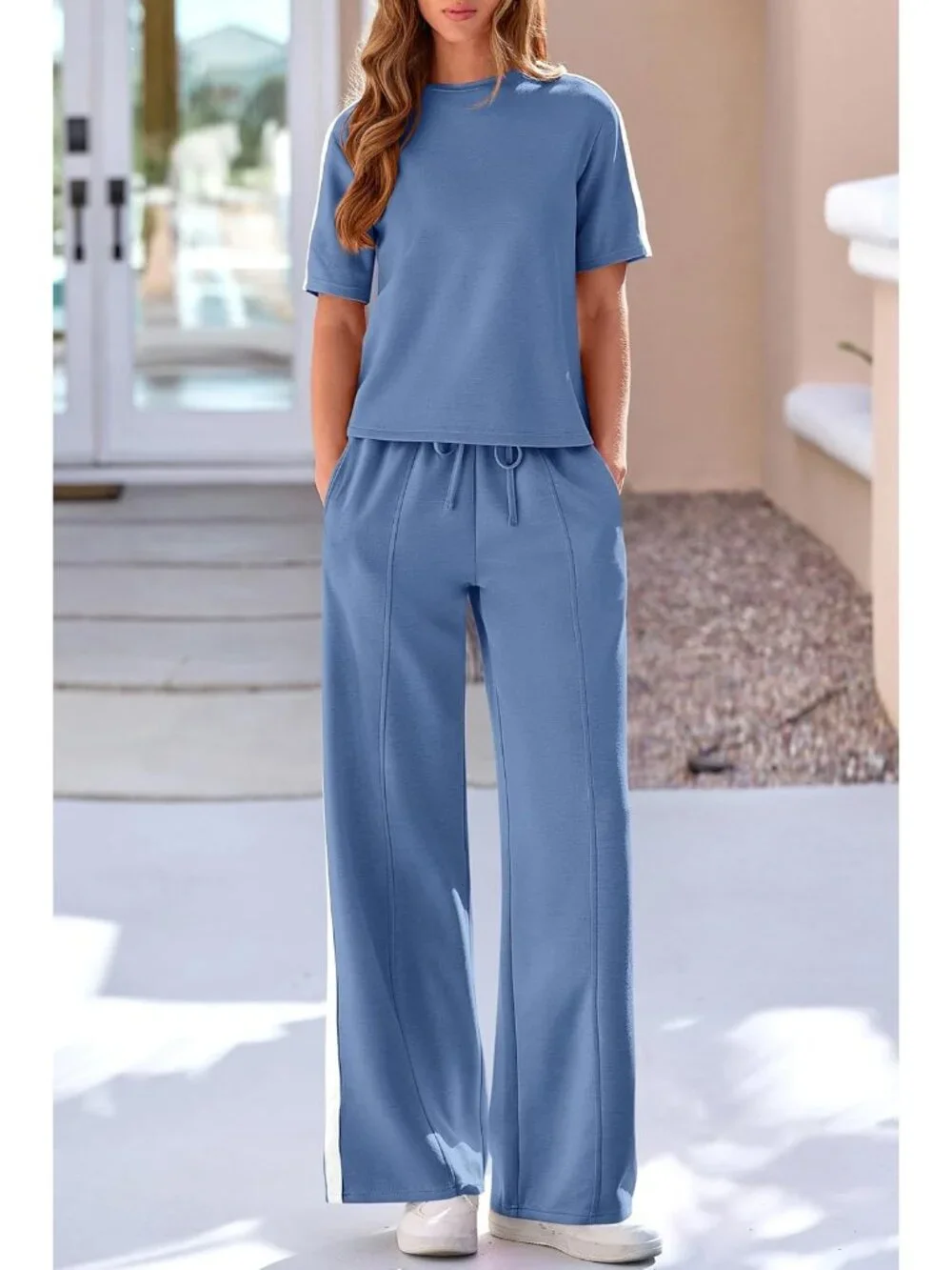 Women's 2 Piece Sets Summer Casual Sweatsuits Wide Leg Pants Matching Lounge Set